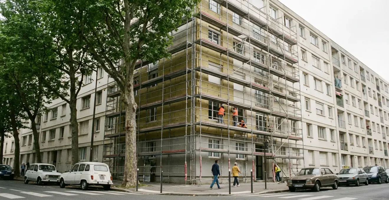 Façade d'immeuble résidentiel avec échafaudages pour rénovation énergétique copropriété