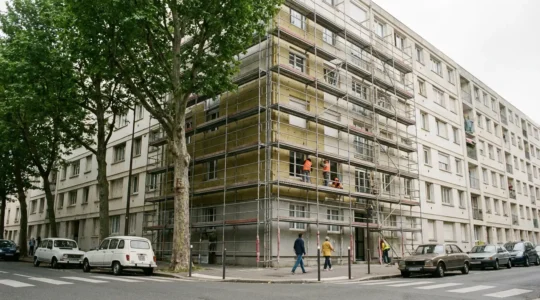 Façade d'immeuble résidentiel avec échafaudages pour rénovation énergétique copropriété