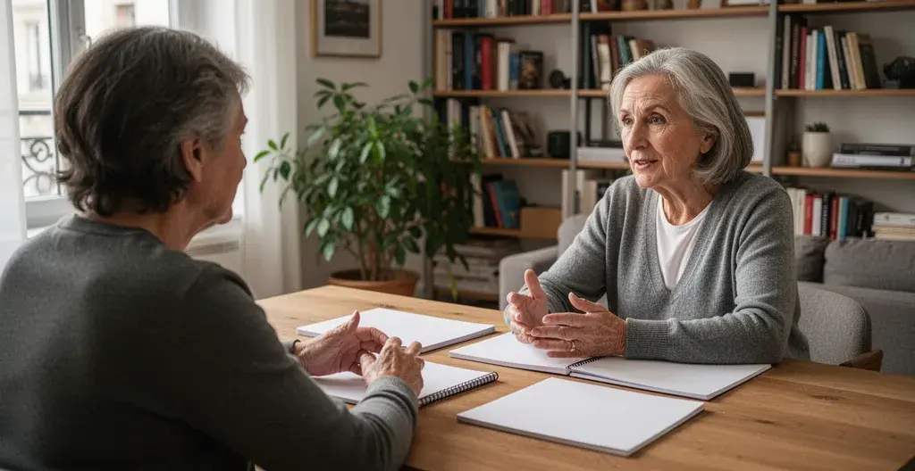 Réunion de copropriétaires discutant du budget PPT autour d'une table