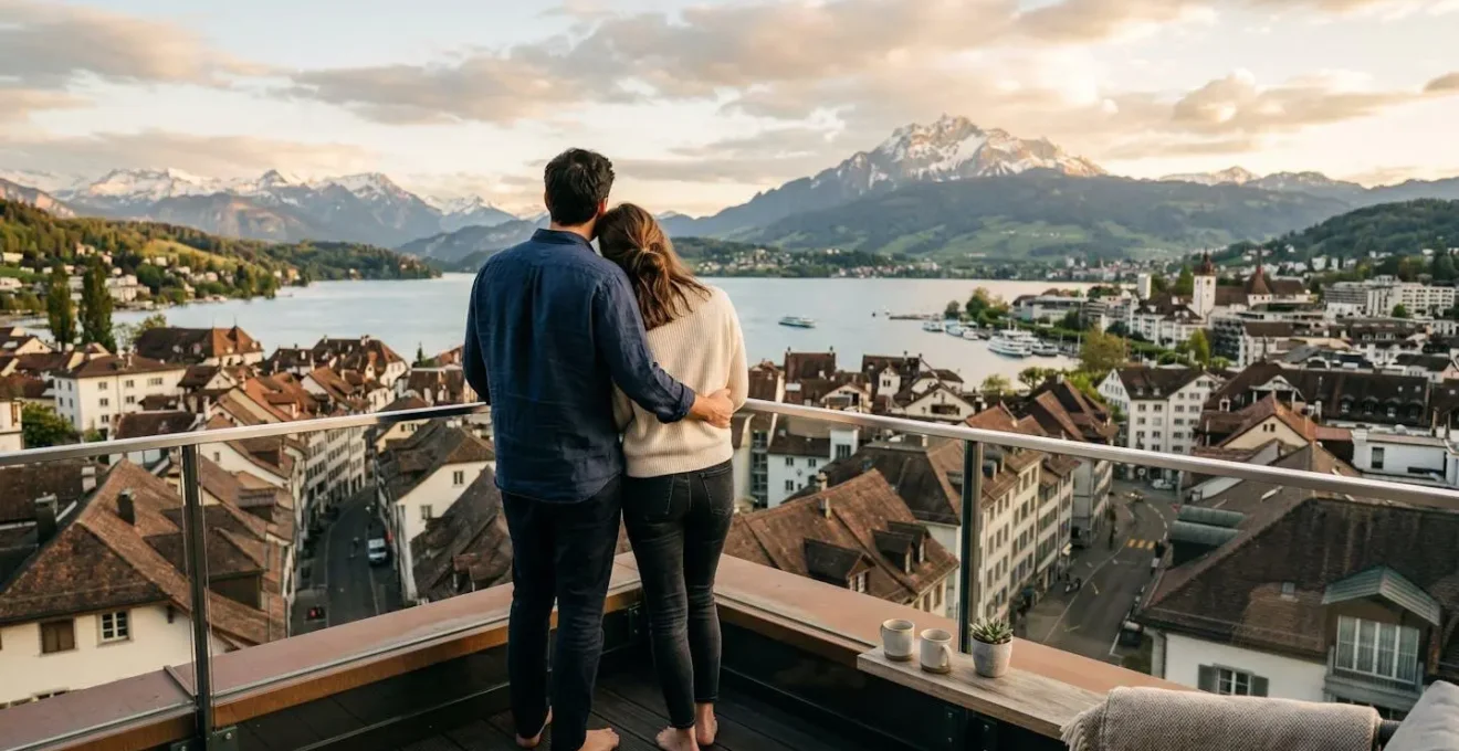 Un couple vu de dos contemple la vue sur un paysage urbain suisse depuis le balcon d'un appartement moderne, lumière de fin d'après-midi