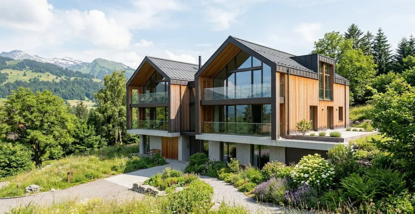 Façade d'un bâtiment résidentiel suisse moderne avec environnement verdoyant, vue architecturale