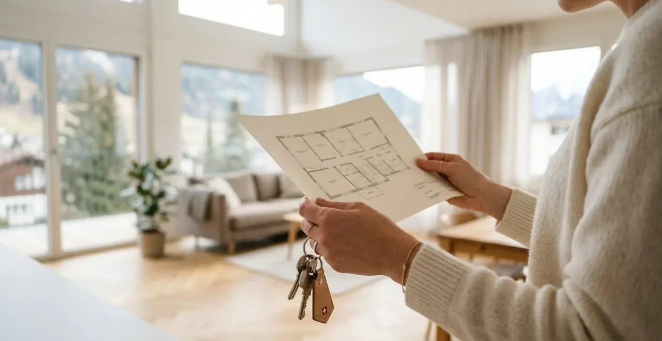 Gros plan sur des mains tenant un plan d'appartement, arrière-plan flouté d'un intérieur lumineux et moderne