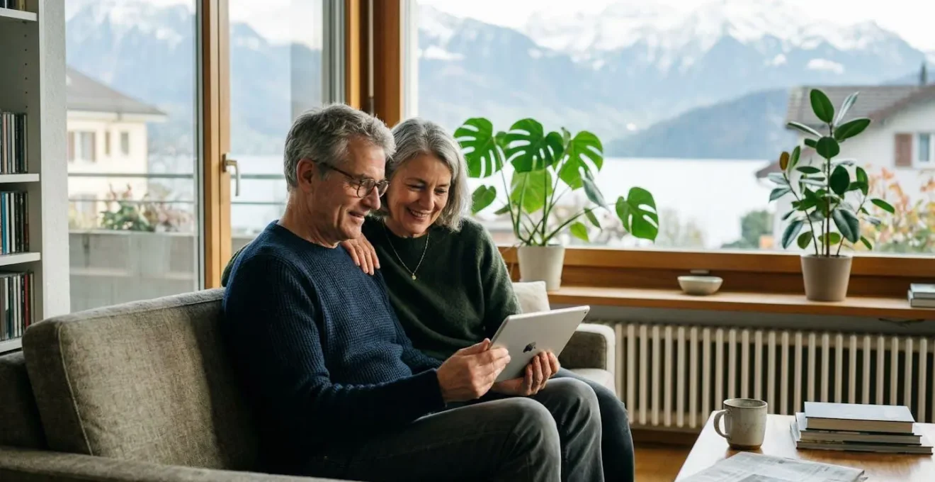 Un couple consulte une tablette dans un salon lumineux avec une vue sur un paysage suisse en arrière-plan
