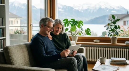 Un couple consulte une tablette dans un salon lumineux avec une vue sur un paysage suisse en arrière-plan
