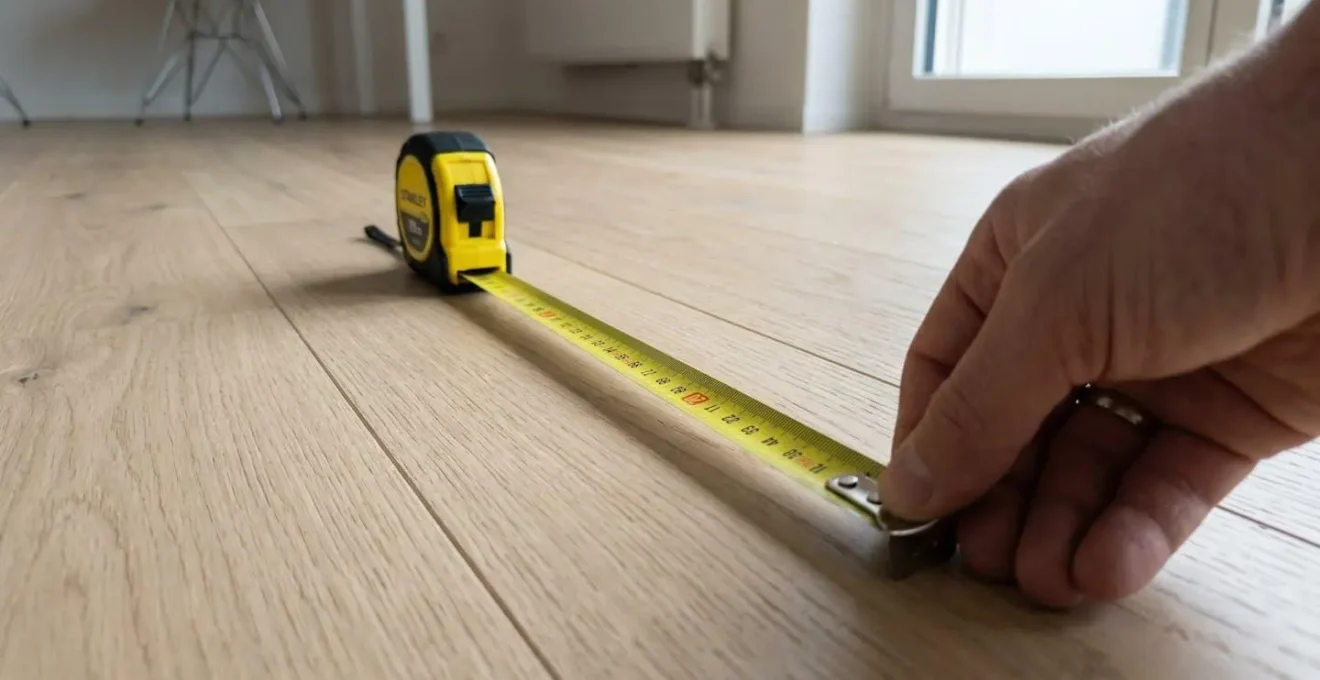 Gros plan sur un mètre ruban posé sur un parquet clair dans un appartement moderne