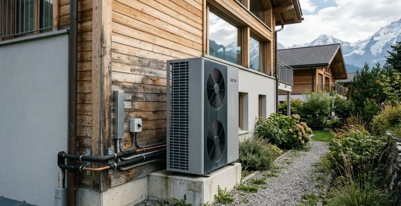 Pompe à chaleur moderne installée contre le mur extérieur d'une villa suisse contemporaine