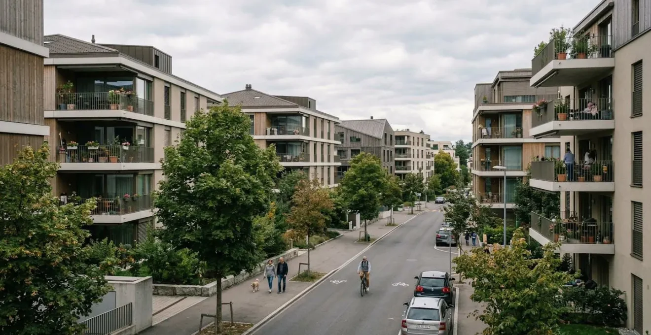 Vue sur un quartier résidentiel de Lausanne avec immeubles contemporains et verdure