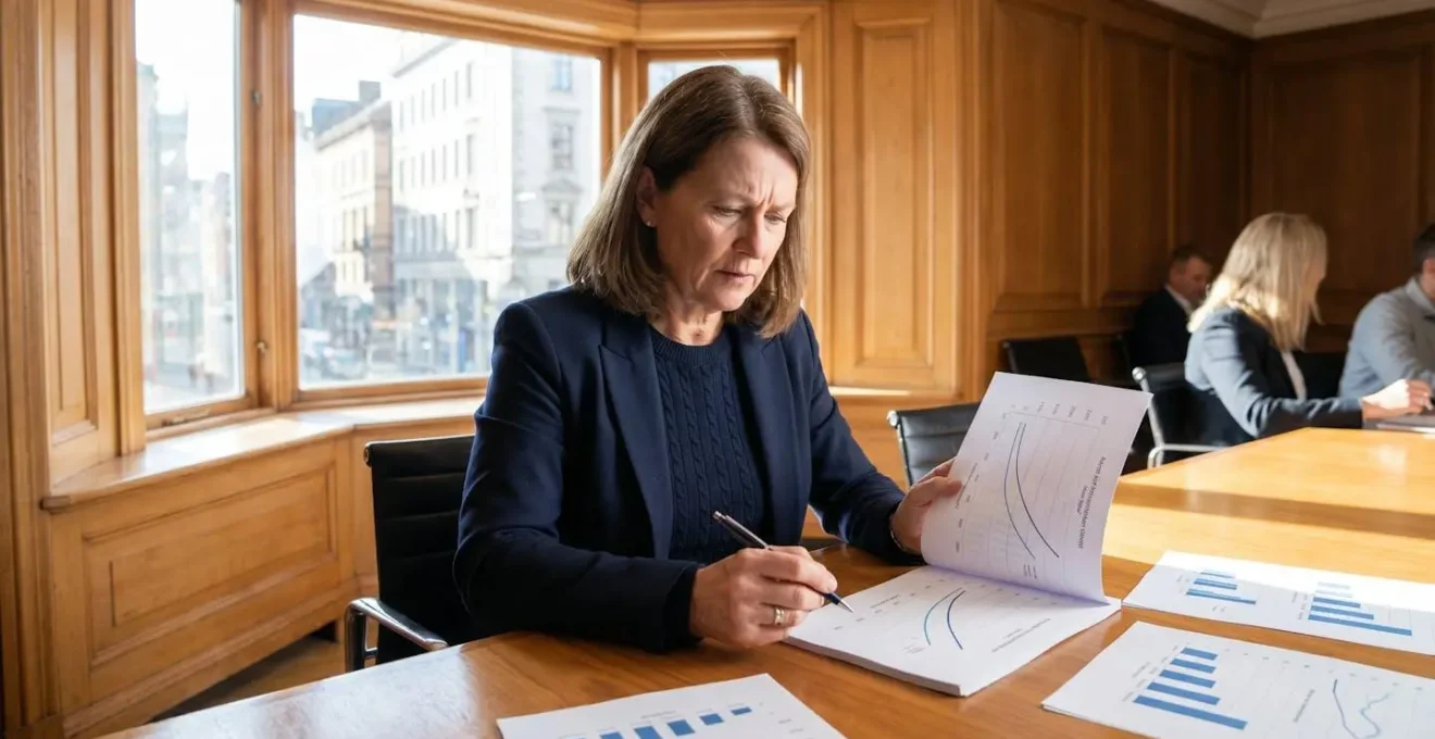 Dirigeant d'entreprise analysant un rapport de consommation énergétique sur une table de réunion avec graphiques imprimés
