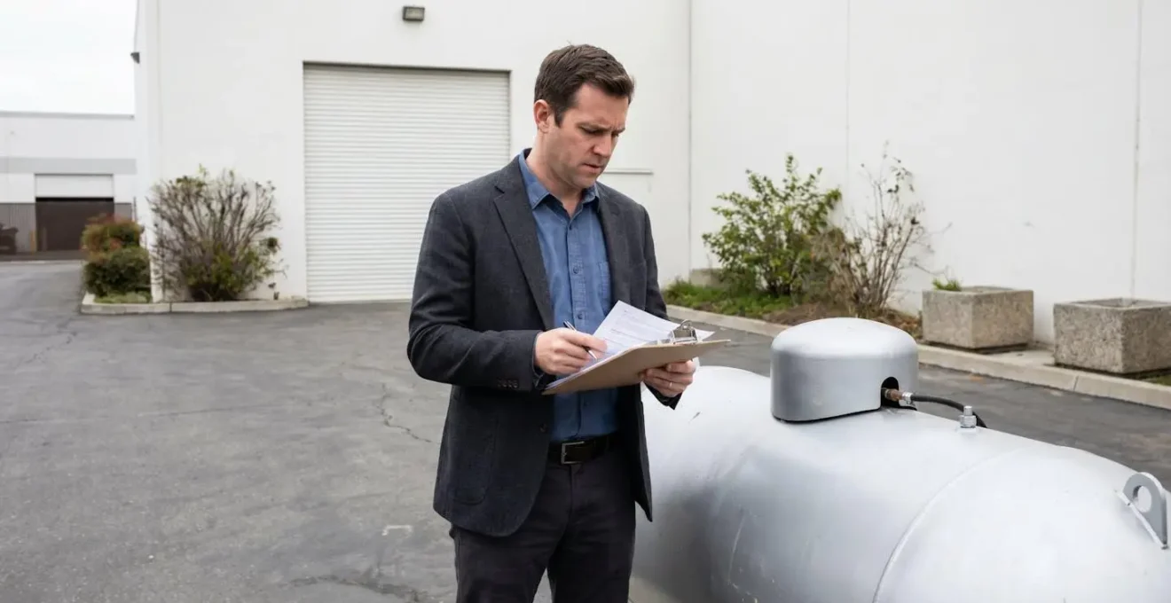 Responsable facility management inspectant une citerne propane dans une cour d'entreprise