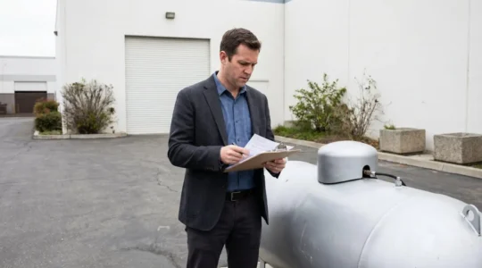 Responsable facility management inspectant une citerne propane dans une cour d'entreprise