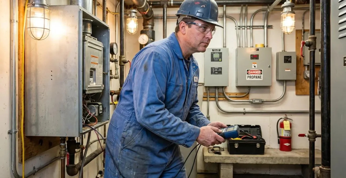 Technicien en combinaison bleue réglant le brûleur d'une chaudière propane dans une chaufferie industrielle