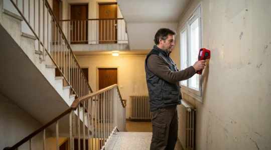 Un diagnostiqueur certifié effectue des mesures thermiques dans la cage d'escalier commune d'un immeuble en copropriété.