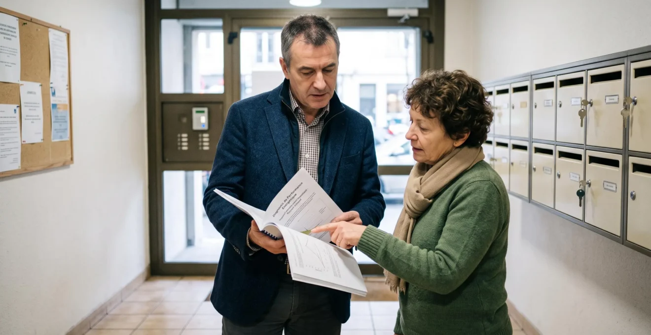 Un syndic et une copropriétaire examinent ensemble le rapport de diagnostic énergétique dans le hall d'un immeuble.