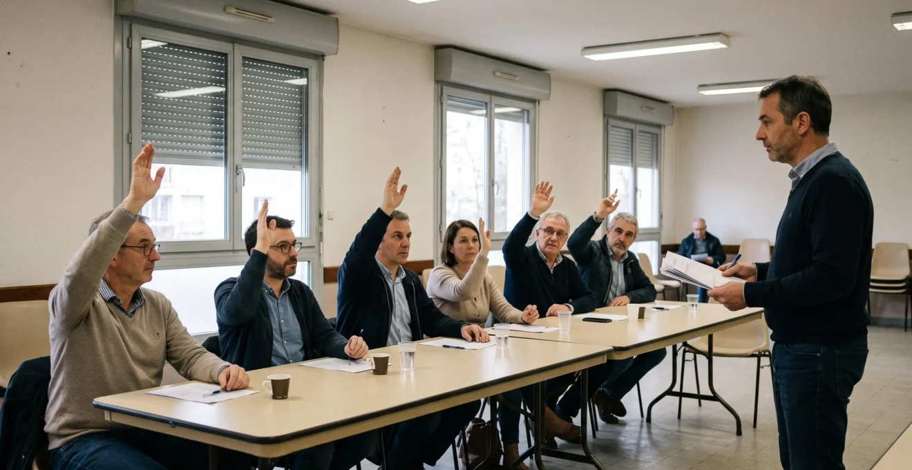 Des copropriétaires votent à main levée lors d'une assemblée générale dans une salle commune d'immeuble.